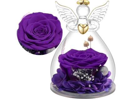 Sklenený anjel s fialovou večnou ružou – elegantný darček pre ženu