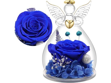Detail modrej stabilizovanej ruže v sklenenom anjelovi