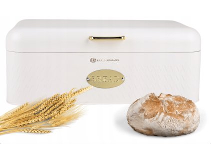 Biely kovový chlebník na pečivo s chlebom a pšeničnými klasmi