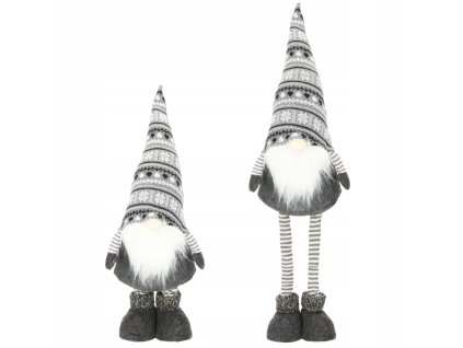 Zimný škriatok so snehovou čiapkou – elegantná dekorácia v severskom štýle s pruhovanými nohavicami, sivou bradou a pletenou čiapkou, výška 90 cm