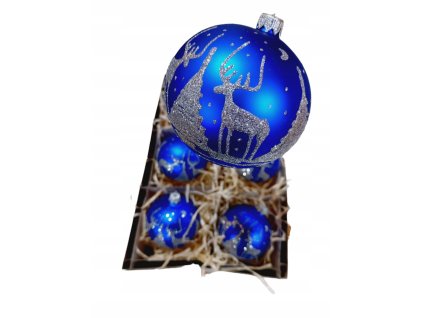 Ručne zdobené sklenené vianočné gule – modré s jeleňom a stromčekom (6 ks, Ø 8 cm)