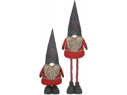 Vianoční škriatkovia v červenom kabátiku – figúrky so sivými čiapkami a dlhými teleskopickými nohami, výška 95 až 160 cm