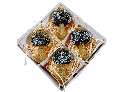 Ručne zdobené sklenené vianočné huby – čierno-zlaté s perlami a glitrami (4 ks, výška 12–13 cm)