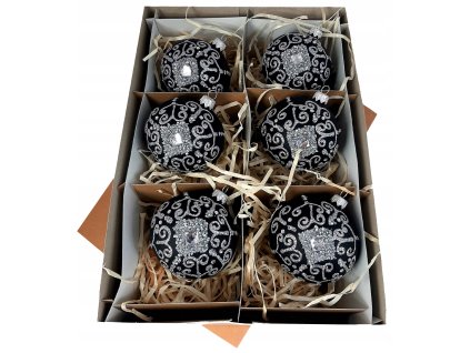 Ručne zdobené sklenené vianočné gule – čierne so strieborným ornamentom a kamienkom (6 ks, Ø 8 cm)