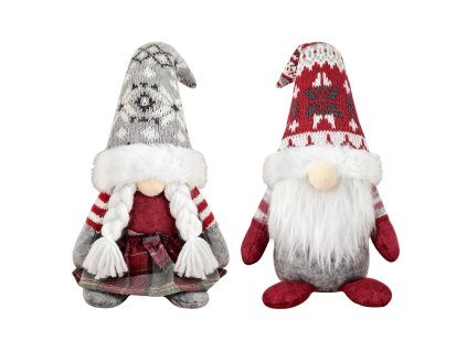 Sada vianočných škriatkov v severskom štýle – červený s bradou a sivá škriatka s vrkôčikmi, zimná dekorácia 24 cm