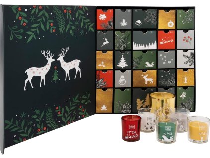 Otvorený adventný kalendár so sviečkami – 25 vonných sviečok v skle na každý deň