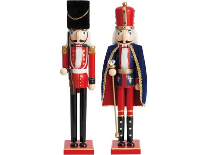 Sada dvoch vianočných luskáčikov – kráľ a vojak, drevené figúrky v červeno-modrom prevedení s detailmi zlata a zamatovým plášťom