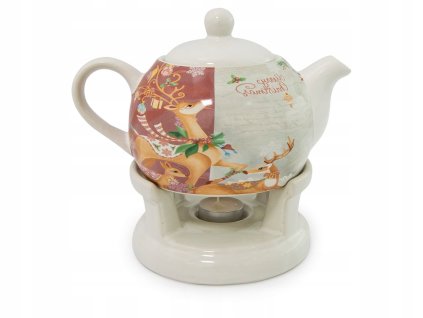 Keramická kanvica na čaj s podstavcom a miestom na čajovú sviečku – motív vianočného jeleňa Merry Christmas, objem 1 liter