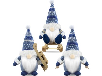Sada troch vianočných škriatkov v modrom oblečení – ručne vyrobené zimné figúrky so sánkami, lyžami a paličkami, výška 19 cm