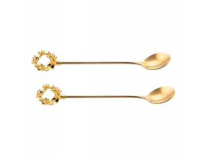 Detail vianočných zlatých lyžičiek s jemným venčekom a farebnými ozdobami – sada 2 kusov