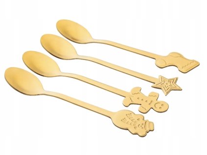 Zlaté vianočné lyžičky so sviatočnými motívmi hviezdy, snehuliaka, perníka a ponožky – súprava 4 kusov