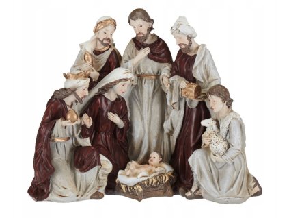 Poklona troch mudrcov pri Svätej rodine, ručne maľovaná dekorácia v bordovo-zlatých tónoch, výška 23,5 cm