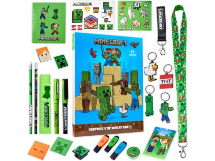 Adventný kalendár Minecraft – 24 písacích potrieb, náramkov, pravítok a doplnkov v ikonickom pixelovom dizajne