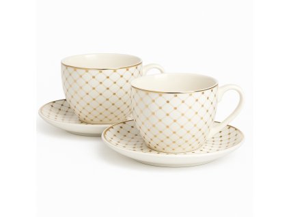 Darčeková porcelánová sada na kávu – zlatá geometria, 2 šálky a tanieriky