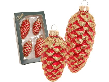Ručne zdobené sklenené vianočné ozdoby – červené šišky so zlatým glitrom (4 ks, mix 8 a 10 cm)