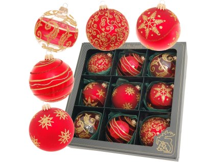 Ručne zdobené sklenené vianočné gule – červené so zlatými vzormi hviezd a ornamentov (9 ks, Ø 8 cm)