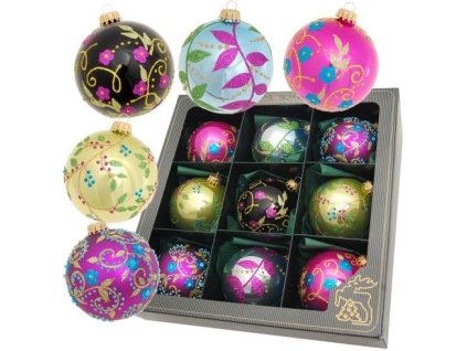Ručne zdobené sklenené vianočné gule – farebná kolekcia Magic Forest (9 ks, Ø 8 cm)