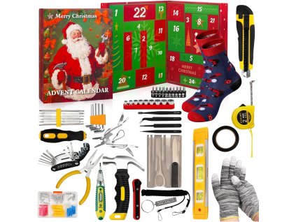 Kompletná sada náradia z adventného kalendára – 24 mini nástrojov, skrutkovače, kladivo, meter a rukavice v darčekovej krabici.