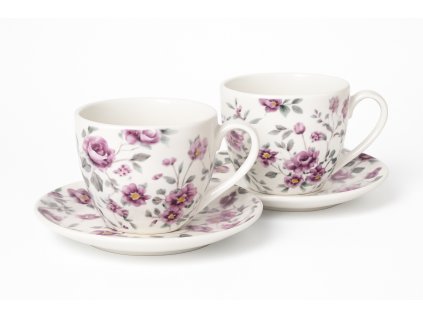 Darčeková porcelánová sada na kávu – romantické ruže, 2 šálky a tanieriky