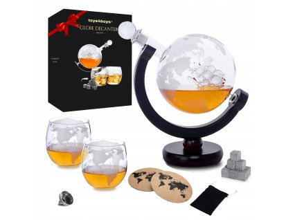 Karafa na whisky v tvare glóbusu so stojanom a pohármi – Darčekový set s kamennými kockami