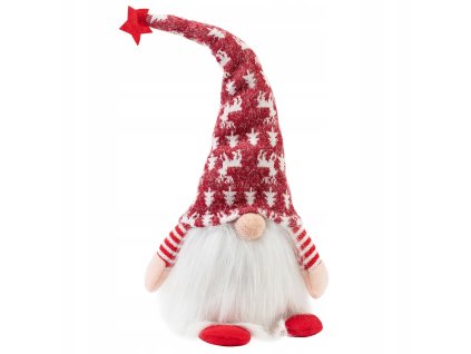 Vianočný škriatok s bielou bradou v červenej čiapke so vzorom sobov a hviezdou – severská dekorácia, výška 42 cm