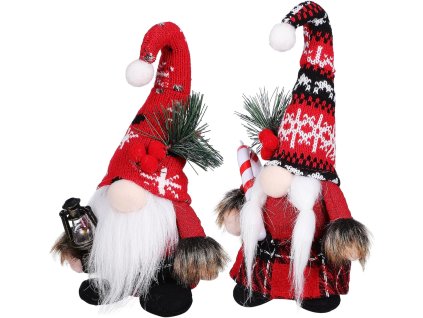 Dvojica vianočných škriatkov s červenými čiapkami – škriatok s lampášom a škriatka s cukrovou paličkou, zimné dekorácie 24 cm