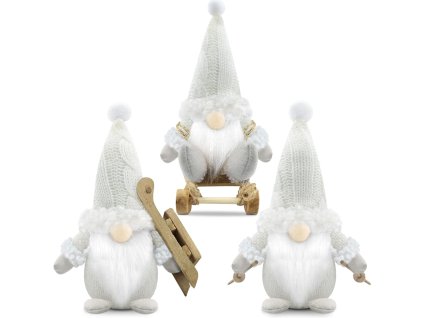 ada troch vianočných škriatkov v bielosivých outfitoch – zimné dekorácie so sánkami, lyžami a paličkami, výška 19 cm