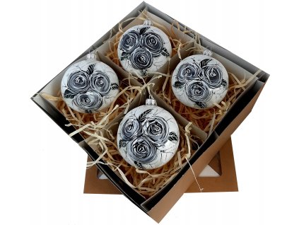 Ručne zdobené sklenené vianočné gule – umelecký set s motívom ruží v čierno-sivých tónoch (4 ks, Ø 10 cm)