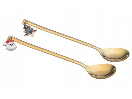 Súprava dvoch zlatých vianočných lyžičiek s dekoratívnymi príveskami – Santa a vianočný stromček