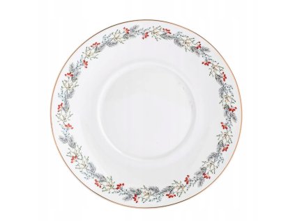 Porcelánová podšálka Zimná harmónia – doplnok k vianočnej šálke so vzorom vetvičiek, bobúľ a zlatým lemom