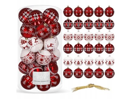 Sada nerozbitných vianočných gulí v červeno-bielej farbe – 30-dielny set ozdôb na stromček
