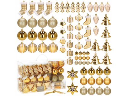 Sada nerozbitných vianočných ozdôb v zlatej farbe – 77-dielny set gulí a dekorácií na stromček