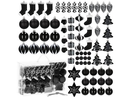 Sada nerozbitných vianočných ozdôb v čiernej farbe – 77-dielny set gulí a dekorácií na stromček