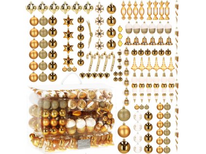 Veľká sada nerozbitných vianočných ozdôb v zlatej farbe – 149-dielny set gulí a dekorácií na stromček