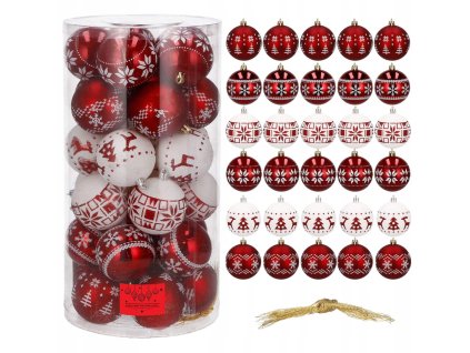 Sada nerozbitných červeno-bielych vianočných gulí s nórskym vzorom – 30-dielny set ozdôb na stromček (Ø 6,5 cm)