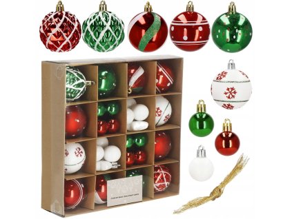 Sada nerozbitných vianočných ozdôb v červeno-zeleno-bielej farbe – 42-dielny set gulí a dekorácií na stromček