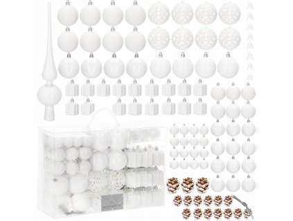 Sada nerozbitných vianočných ozdôb v bielej farbe – 101-dielny set gulí a dekorácií so špicou