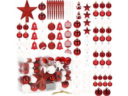 Sada nerozbitných vianočných ozdôb v červeno-bielej farbe – 105-dielny set gulí, hviezd a dekorácií na stromček