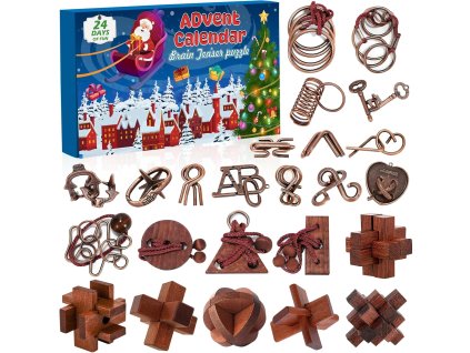 Obsah adventného kalendára s 24 hlavolamami – kovové a drevené puzzle pre deti aj dospelých na Vianoce 2025