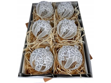 Ručne zdobené sklenené vianočné gule – béžové s bielym sobím motívom (6 ks, Ø 8 cm)