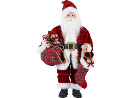 Detail vianočného Mikuláša – červený kabát, kárované vrecko s darčekmi, pančucha a realistické spracovanie brady