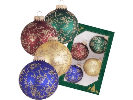 Ručne zdobené sklenené vianočné gule – farebná sada so zlatým ornamentom (4 ks, Ø 7 cm)