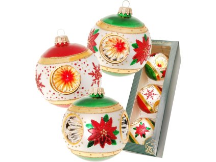 Ručne fúkané sklenené vianočné gule – červeno-zelené s reflexným stredom a hviezdou (3 ks, Ø 8 cm)