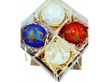 Ručne zdobené sklenené vianočné gule – farebný set so sobmi a stromčekom (4 ks, Ø 10 cm)