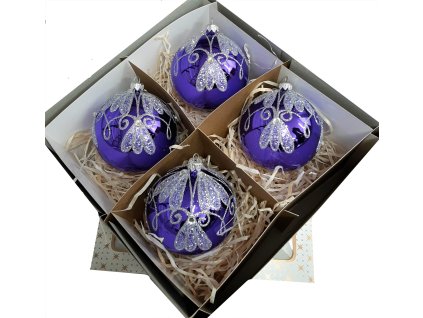 Ručne zdobené sklenené vianočné gule – fialový set so strieborným ornamentom (4 ks, Ø 10 cm)
