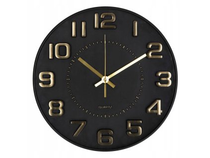 Čierne 3D nástenné hodiny s tichým chodom a zlatými číslicami – priemer 30 cm