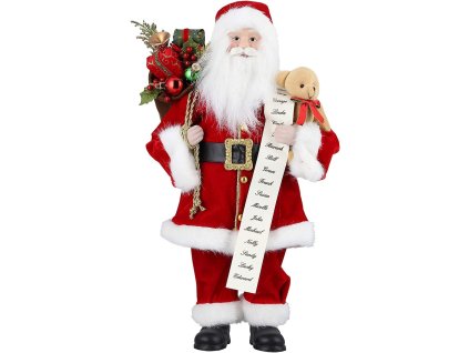 Vianočný Mikuláš so zoznamom darčekov – červená dekorácia so zlatými detailmi, výška 45 cm