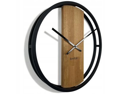 Industriálne nástenné hodiny s dubovým ciferníkom a kovovým rámom – Ø 50 cm