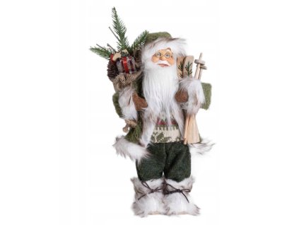 Vianočný Mikuláš v zelenom kabáte – figúrka s nartami, vreckom darčekov a okuliarmi, výška 30 cm