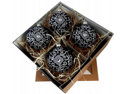Luxusné ručne zdobené sklenené vianočné gule – čierny set so strieborným ornamentom a kryštálom (4 ks, Ø 10 cm)